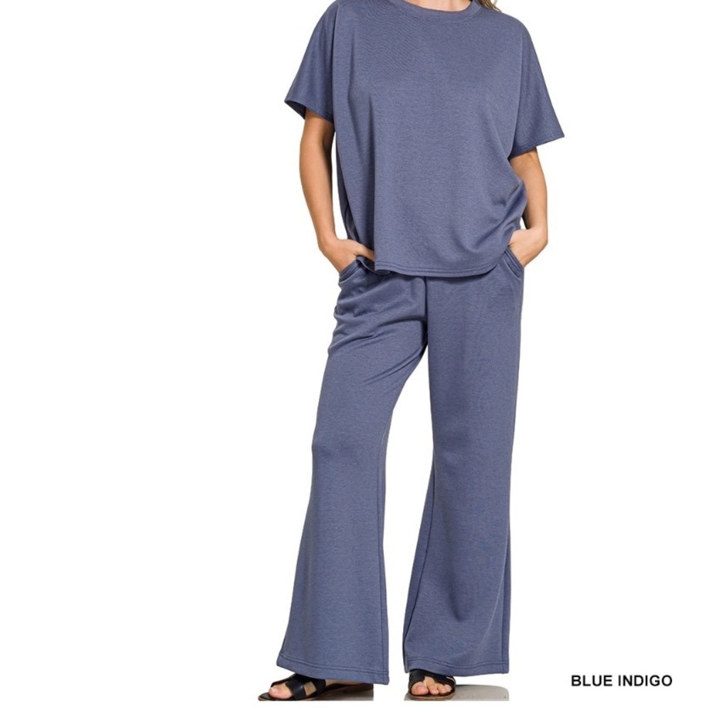 New Zenana Small Blue Indigo Scuba Round Hem Top Pants Loungewear Set ROTP-4133Y